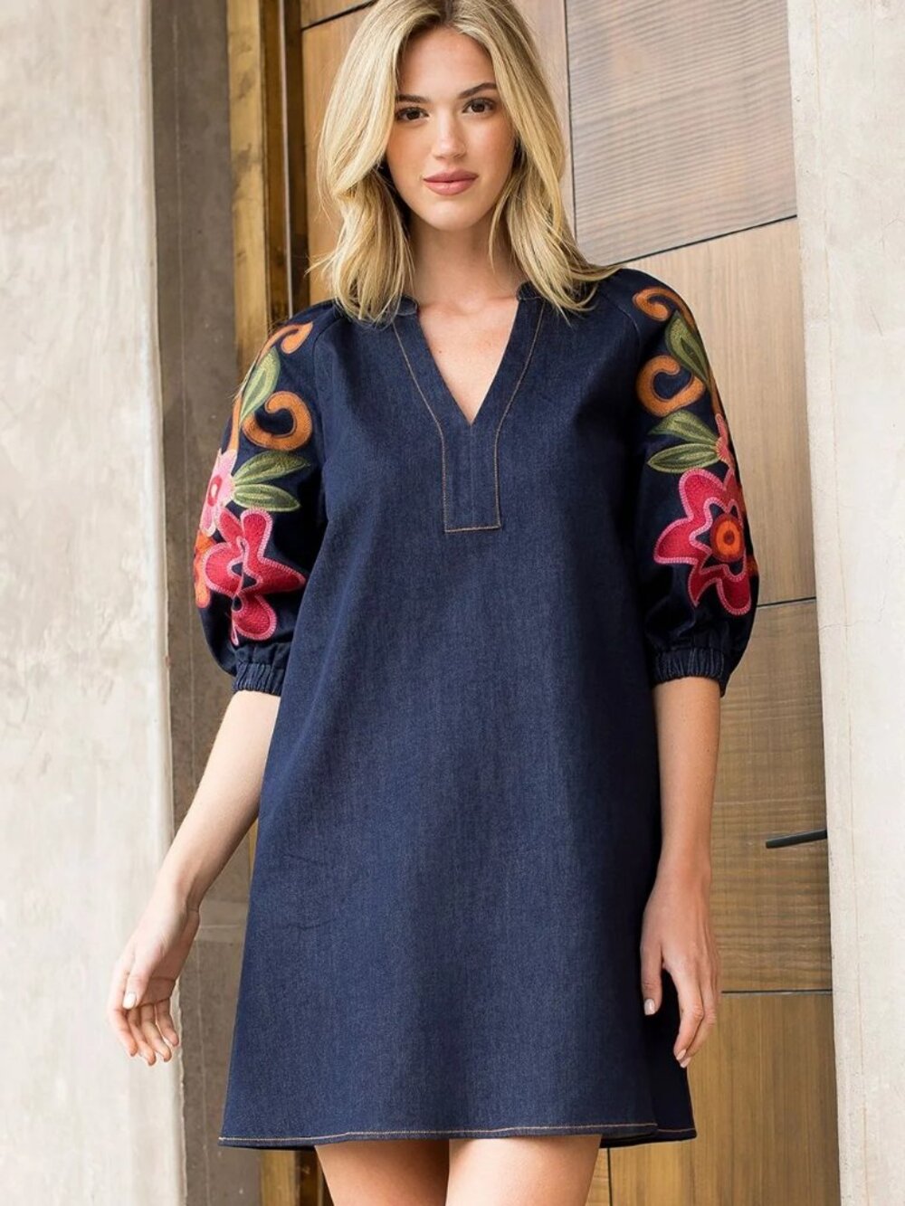 THML denim embroidered puff sleeve mini dress sz XS